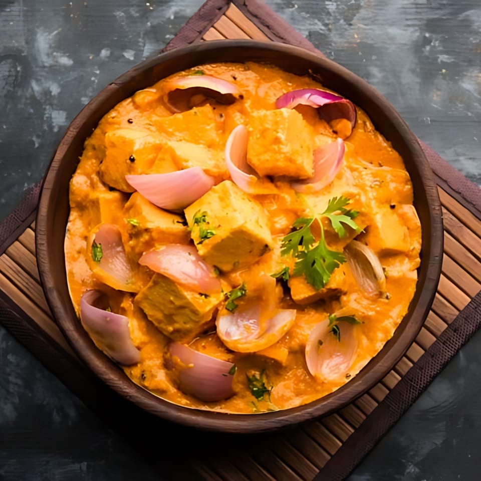 Paneer tikka masala with red onions and cilantro in a wooden bowl on a bamboo mat.