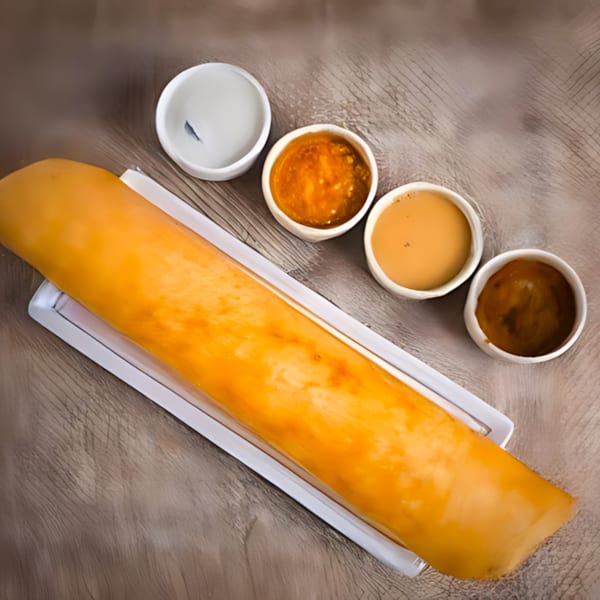 A golden-brown dosa on a white platter, served with four small bowls of chutneys and sambar.